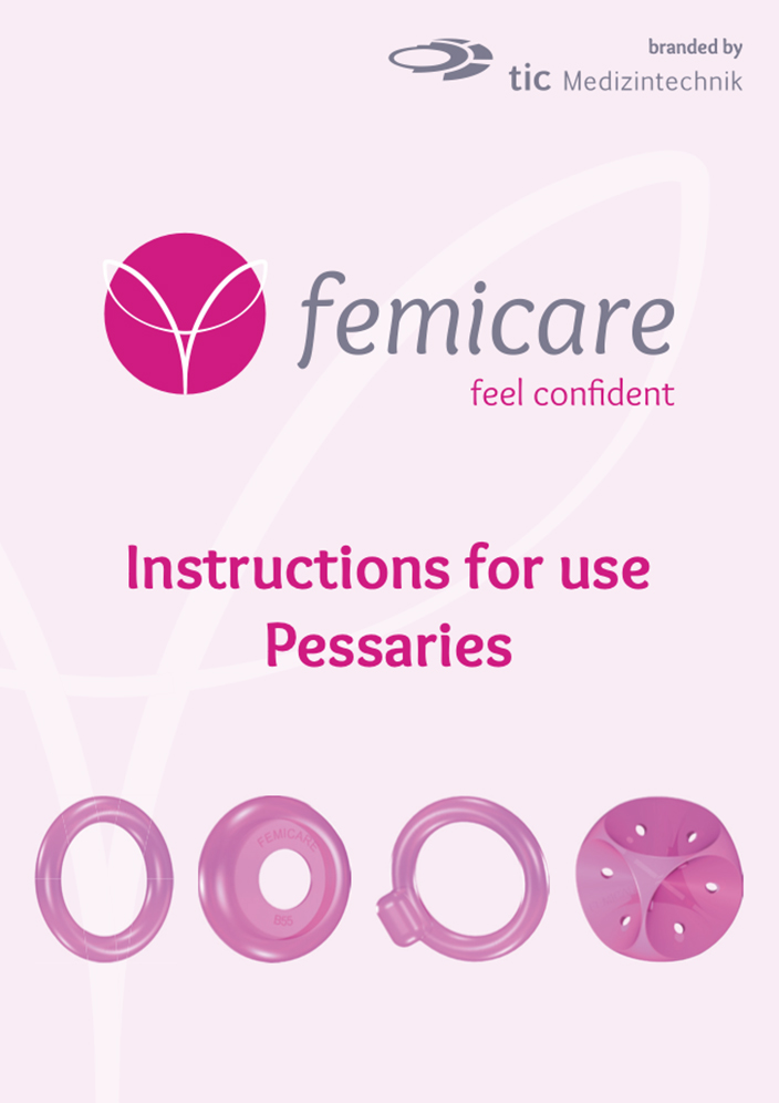 Das Titelblatt der englischen Gebrauchsanweisung für femicare Pessare ist abgebildet.